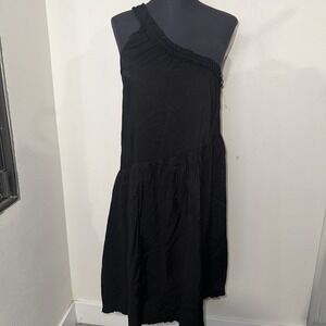 Anthropologie One‎ Shoulder Black Ruffled Midi Dress Size S
